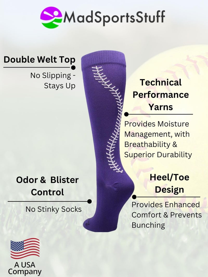 MadSportsStuff Softball Socks with Stitches Over the Calf (Purple/White, Medium) - Image 4
